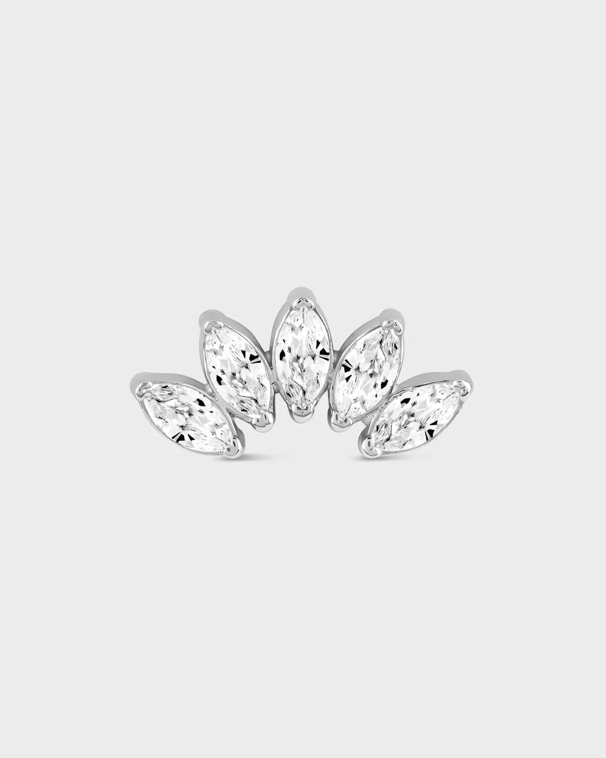 White gold earring with five marquise gems on a light gray background