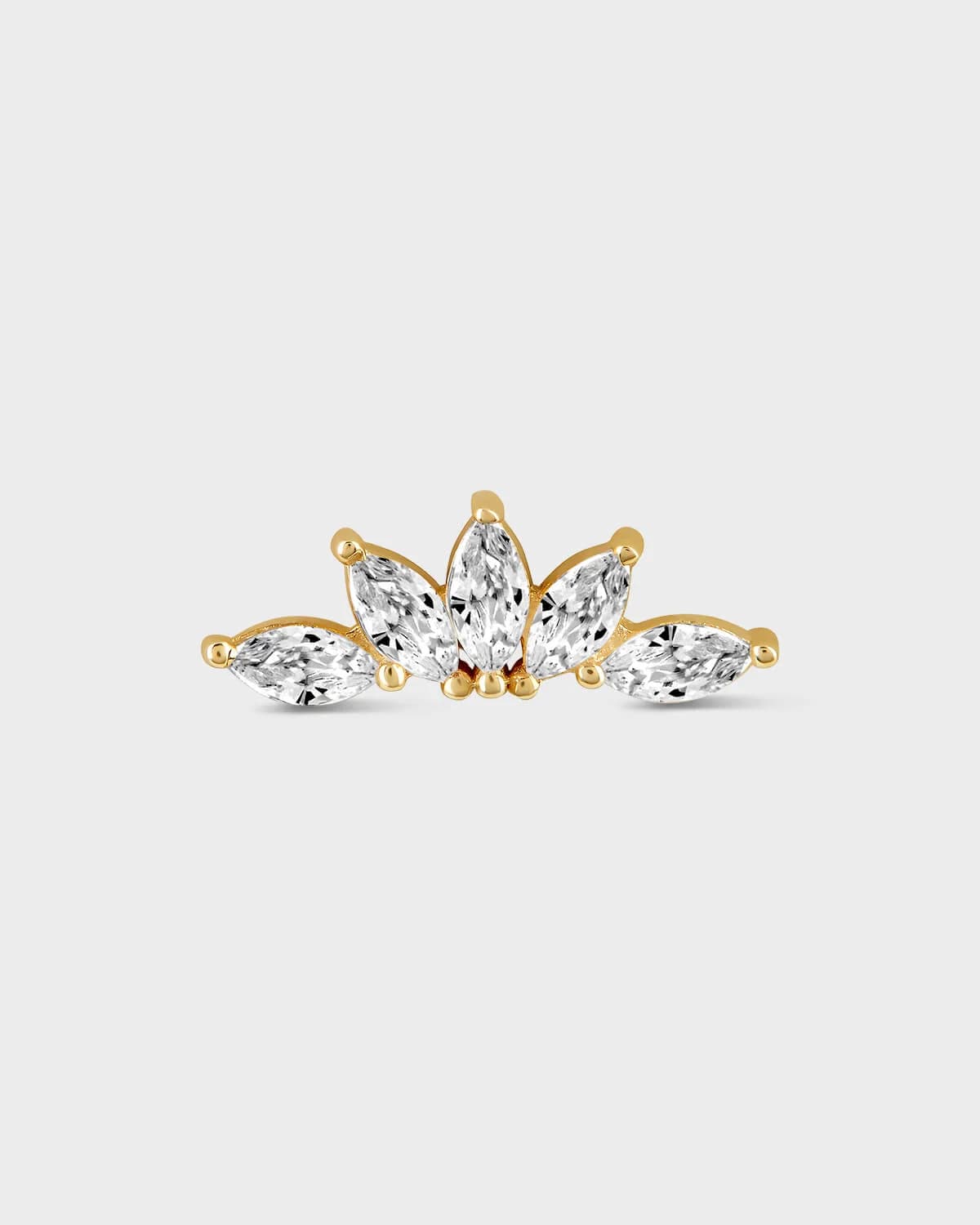 Gold earring with five marquise gems in a fan formation on a light gray background