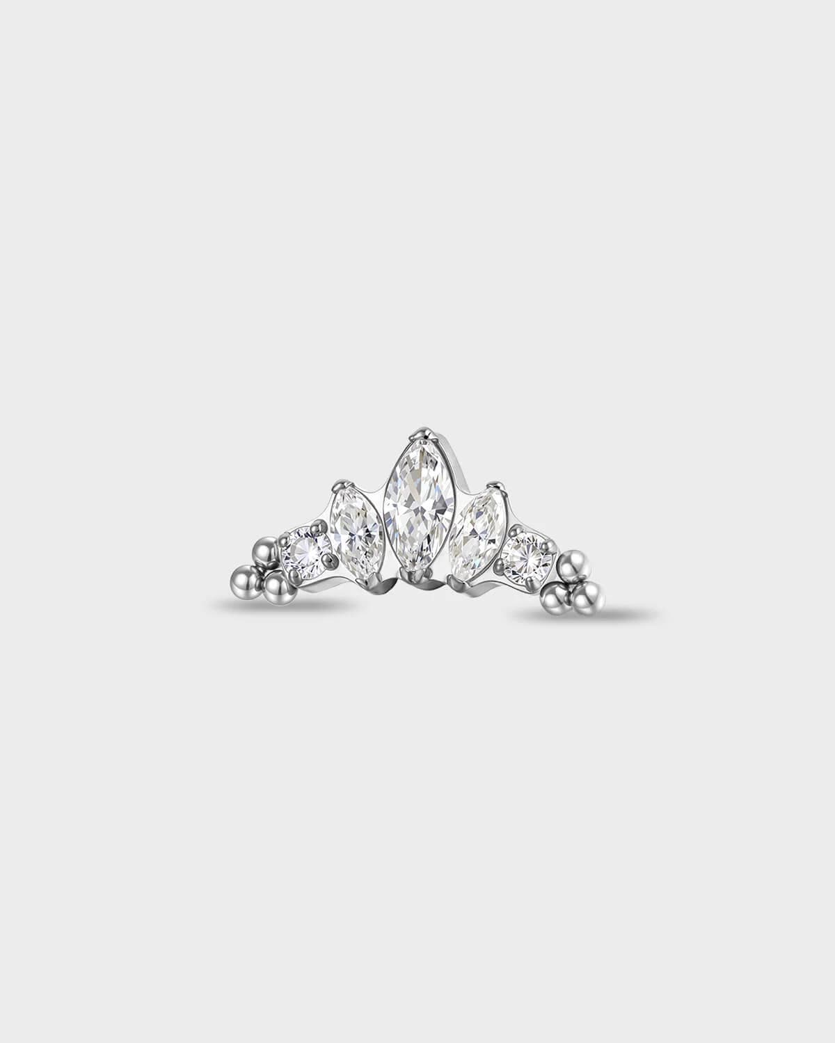 Polished titanium earring with three marquise-cut clear stones set between two round-cut clear stones, finished with three polished bead details at each end on a light gray background.