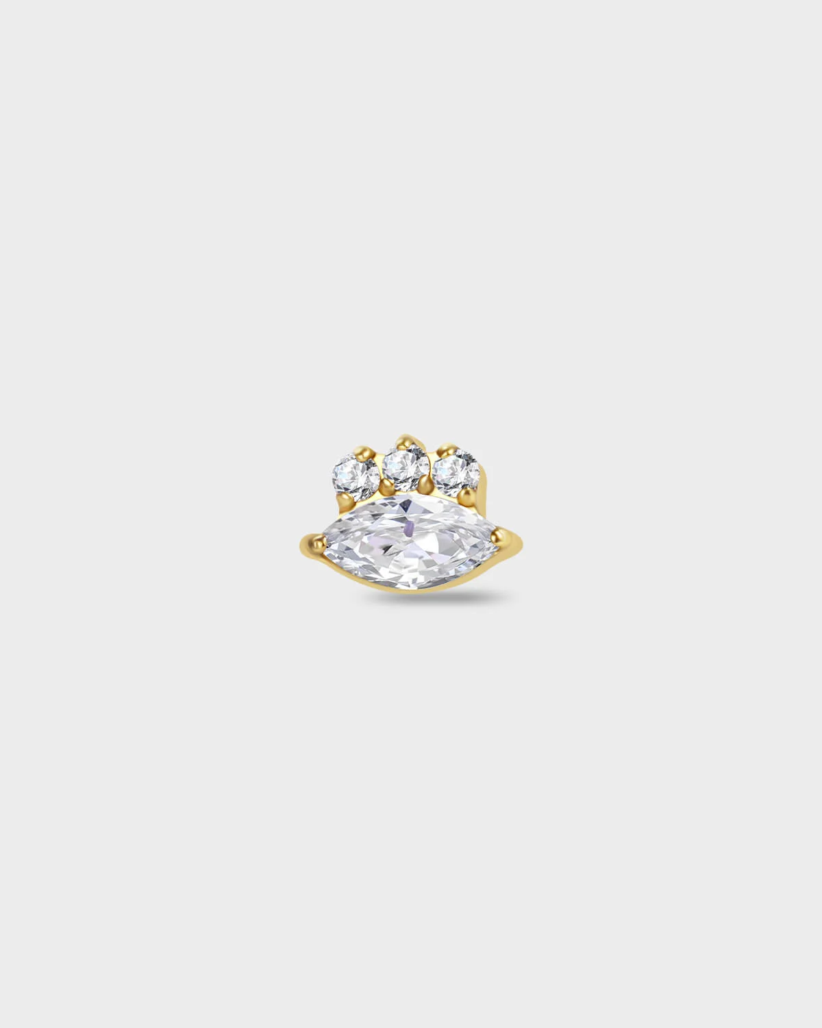 Polished silver titanium earring with a marquise-cut clear stone set below three round-cut clear stones on a light gray background.