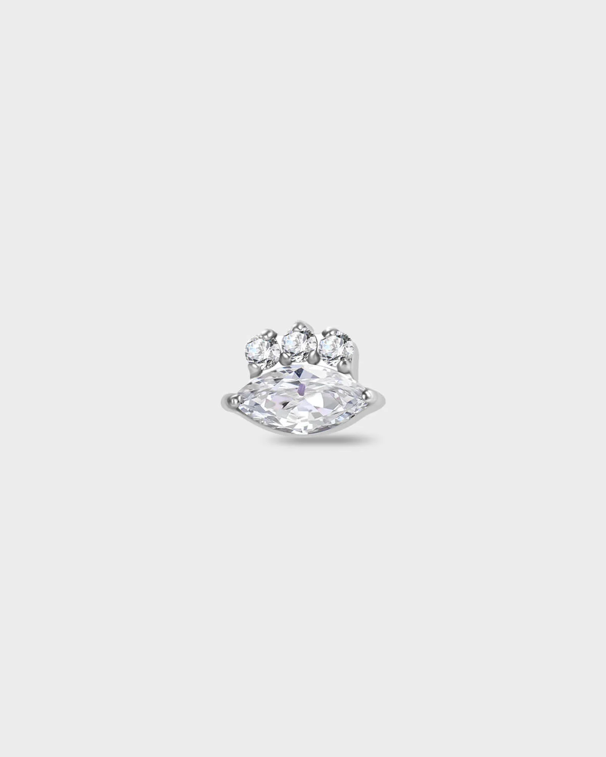 Polished silver titanium earring with a marquise-cut clear stone set below three round-cut clear stones on a light gray background.